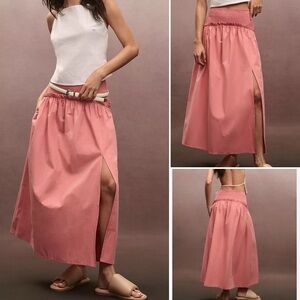 Anthropologie Smocked Yoke Maxi Skirt in Coral Pink Womens Size XS with Leg Slit